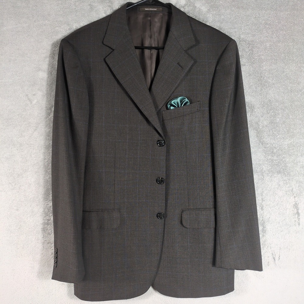 Ermenegildo Zegna Mens Brown‎ Blue Windowpane 100% Wool 3 Button Blazer 46R - Picture 2 of 16